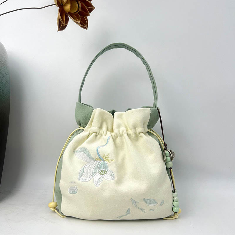Embroidered Butterfly Lotus Cotton Linen Tote Bag 20cm