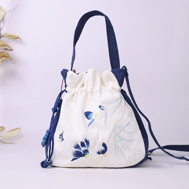 Embroidered Butterfly Lotus Cotton Linen Tote Bag 20cm