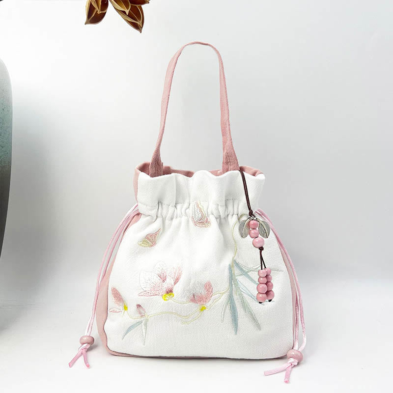 Embroidered Butterfly Lotus Cotton Linen Tote Bag 20cm