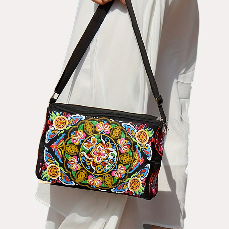 Embroidered Canvas Crossbody Bag with Peony and Peacock Motifs