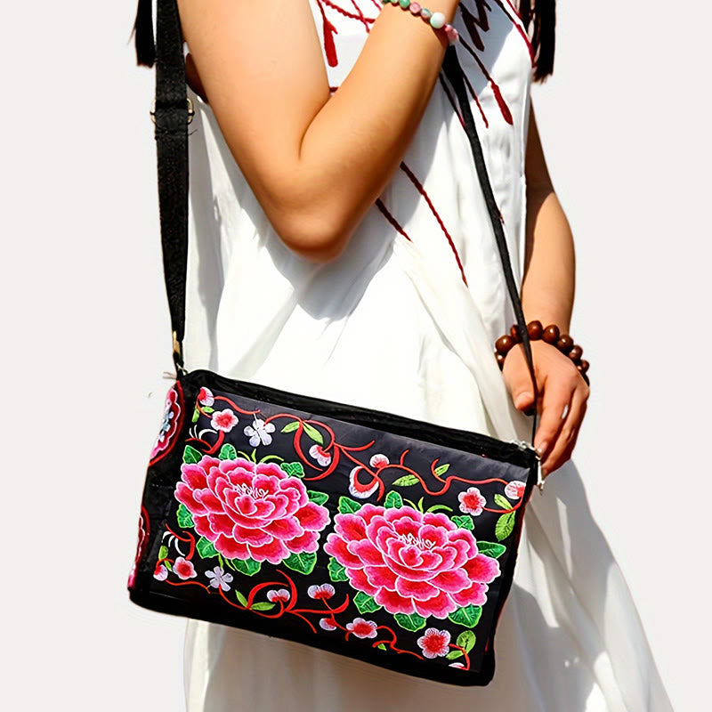 Embroidered Canvas Crossbody Bag with Peony and Peacock Motifs