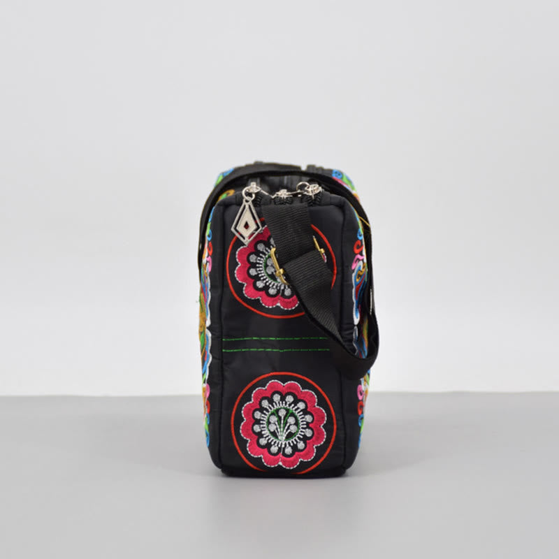 Embroidered Canvas Crossbody Bag with Peony and Peacock Motifs