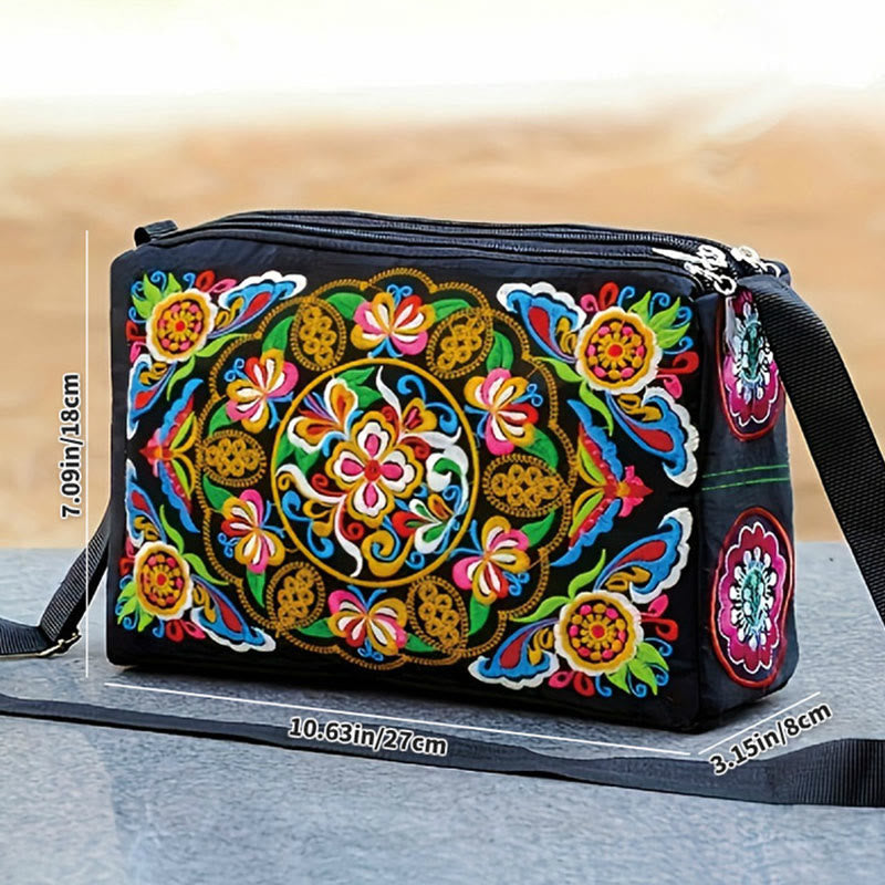 Embroidered Canvas Crossbody Bag with Peony and Peacock Motifs