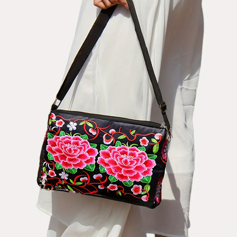 Embroidered Canvas Crossbody Bag with Peony and Peacock Motifs
