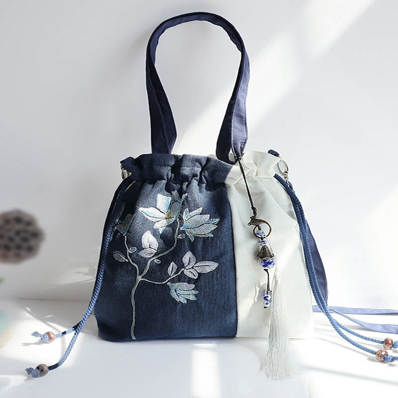 Embroidered Cherry Blossom Canvas Tote Bag 28x30cm