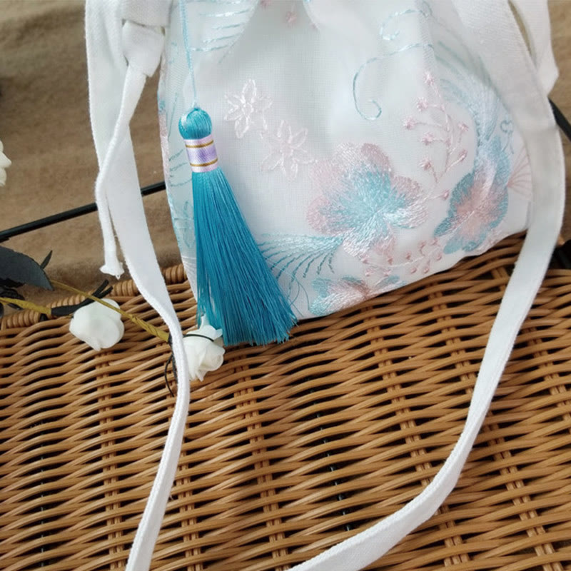 Embroidered Cherry Blossoms Vine Canvas Crossbody Bag 15x22cm