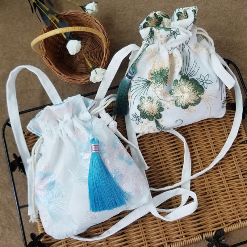 Embroidered Cherry Blossoms Vine Canvas Crossbody Bag 15x22cm