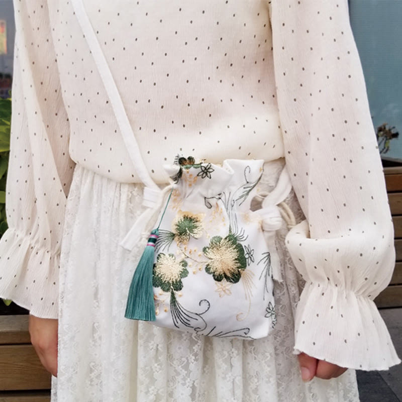 Embroidered Cherry Blossoms Vine Canvas Crossbody Bag 15x22cm