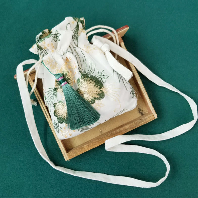 Embroidered Cherry Blossoms Vine Canvas Crossbody Bag 15x22cm