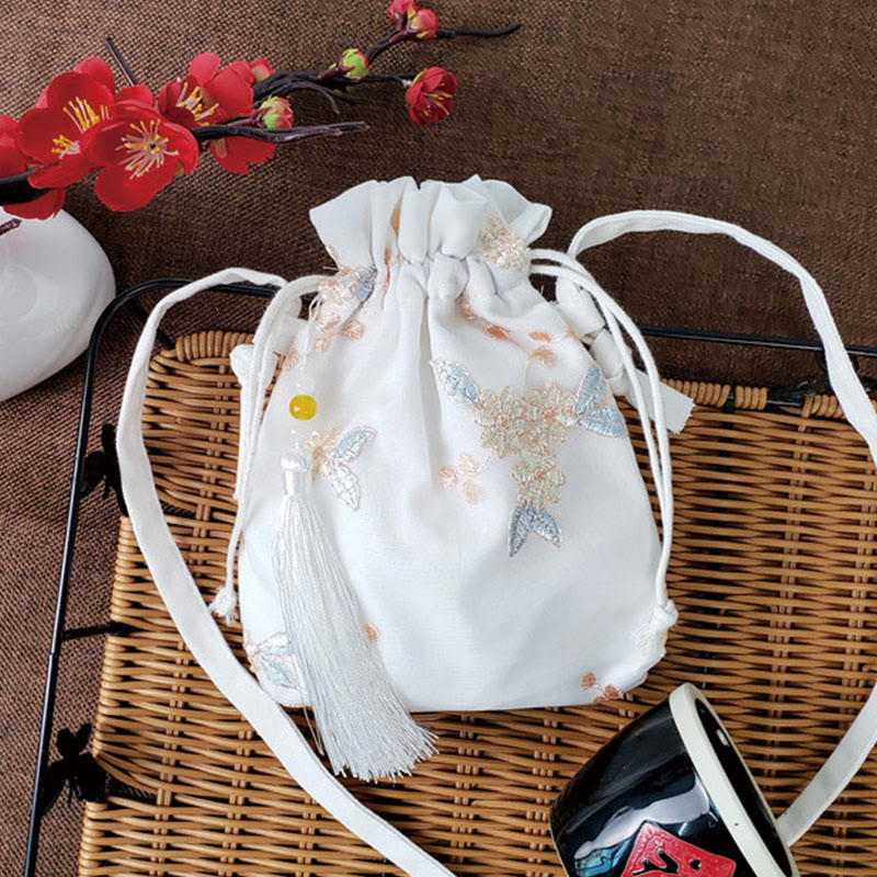 Embroidered Cherry Blossoms Vine Canvas Crossbody Bag 15x22cm