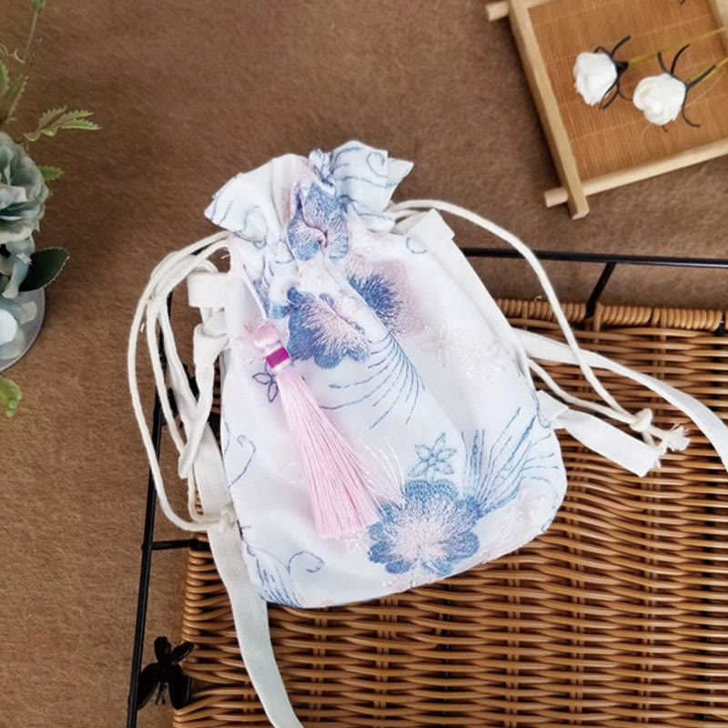 Embroidered Cherry Blossoms Vine Canvas Crossbody Bag 15x22cm