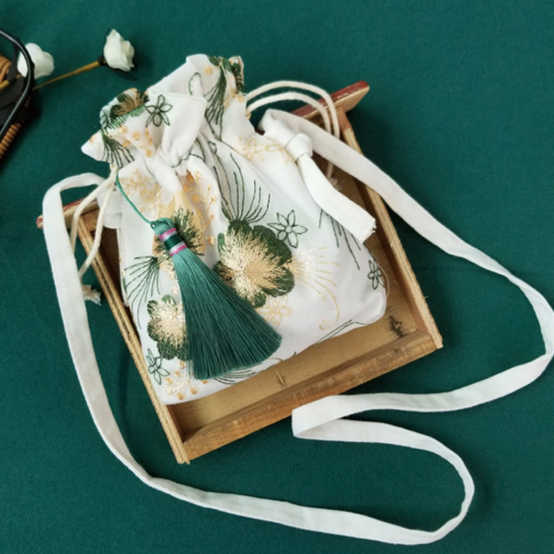 Embroidered Cherry Blossoms Vine Canvas Crossbody Bag 15x22cm