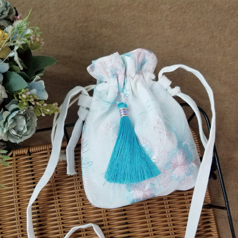 Embroidered Cherry Blossoms Vine Canvas Crossbody Bag 15x22cm