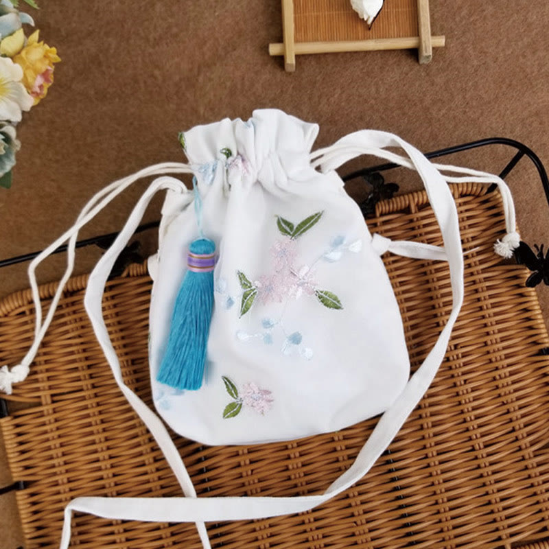 Embroidered Cherry Blossoms Vine Canvas Crossbody Bag 15x22cm