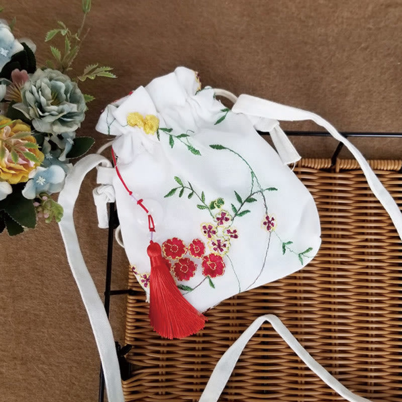 Embroidered Cherry Blossoms Vine Canvas Crossbody Bag 15x22cm