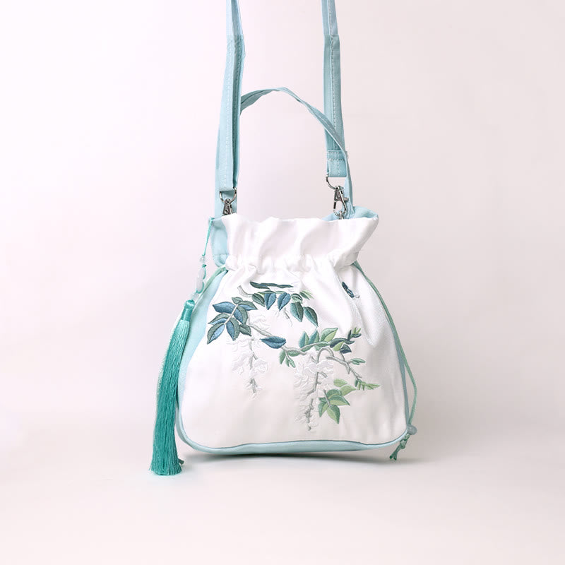 Embroidered Cotton Linen Tote Bag With Wisteria Flowers