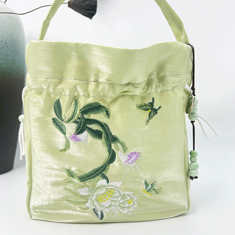 Embroidered Cotton Linen Tote Bag With Wisteria Flowers