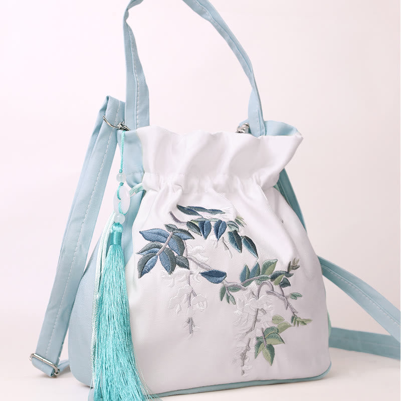 Embroidered Cotton Linen Tote Bag With Wisteria Flowers