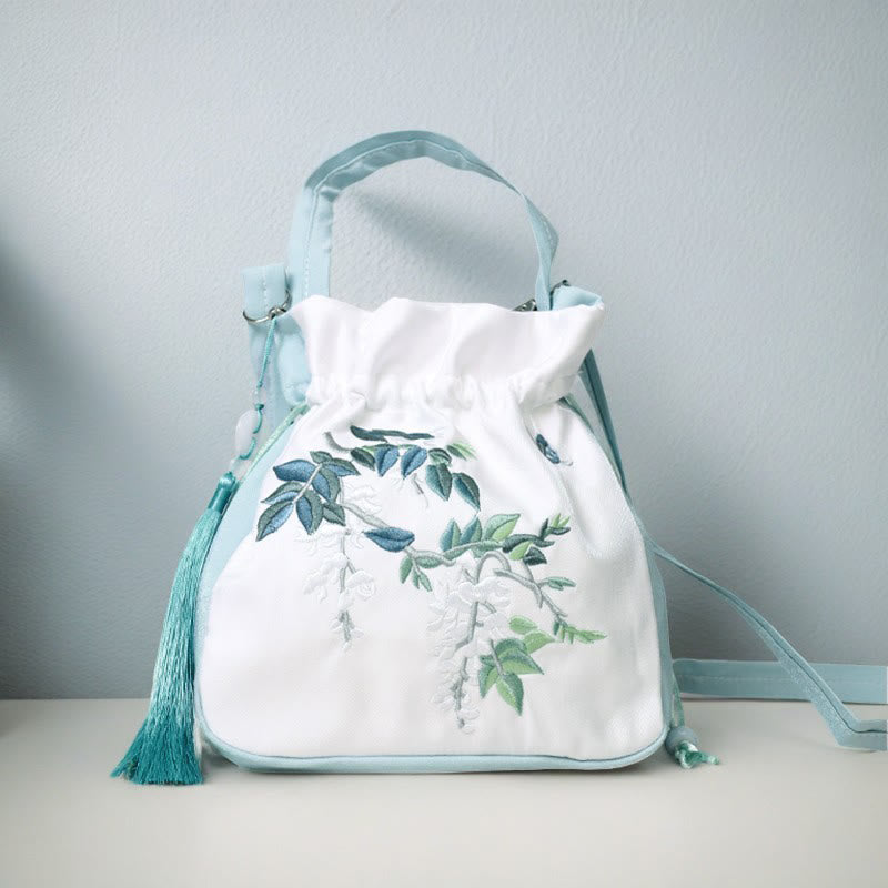 Embroidered Cotton Linen Tote Bag With Wisteria Flowers