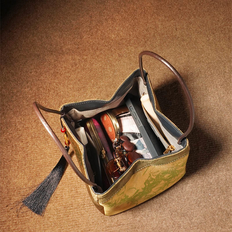 Embroidered Xiangyunsha Silk Shoulder Bag with Bamboo & Plum Flowers