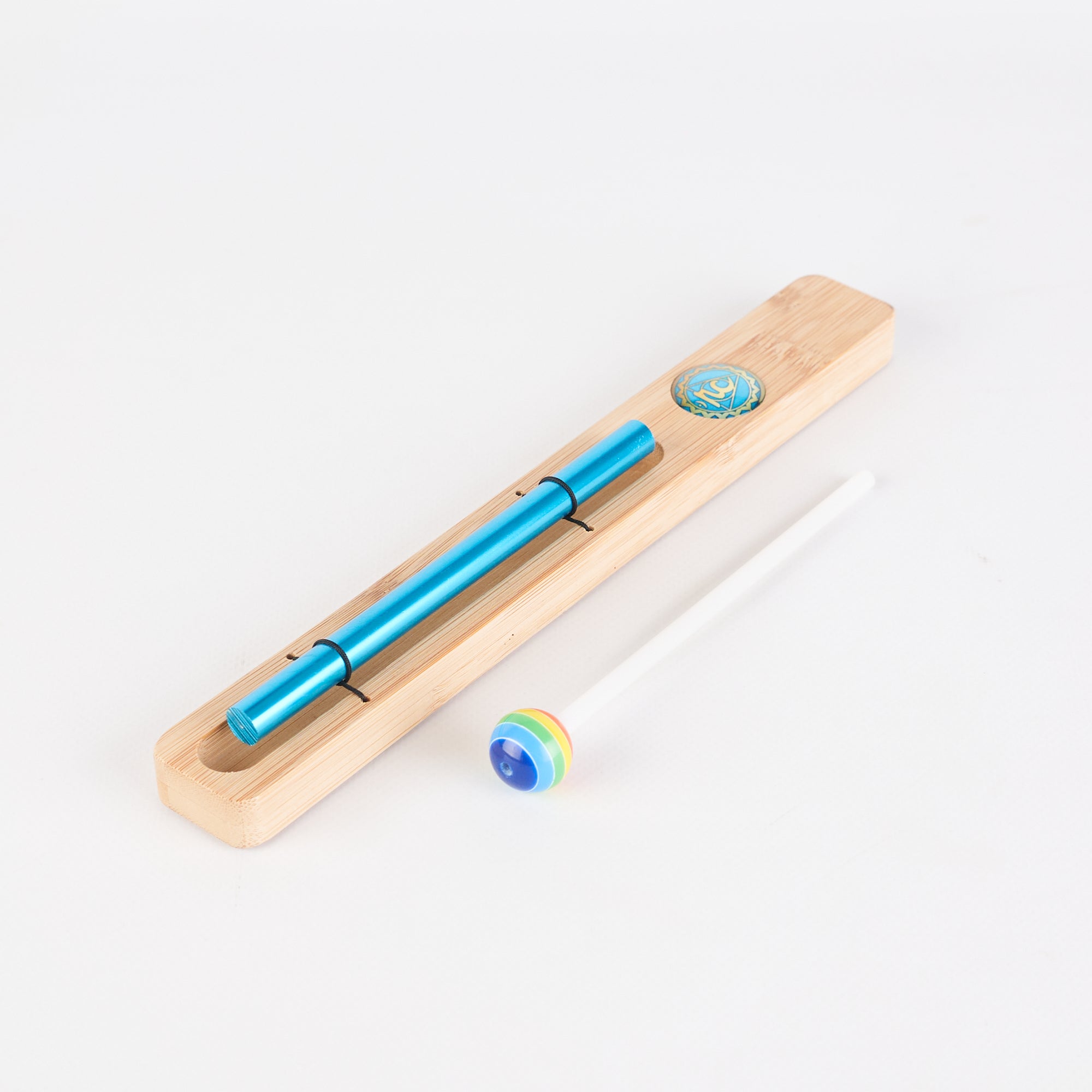 Metallic turquoise pen on wooden holder with decorative bead for Energy Bar Chimes