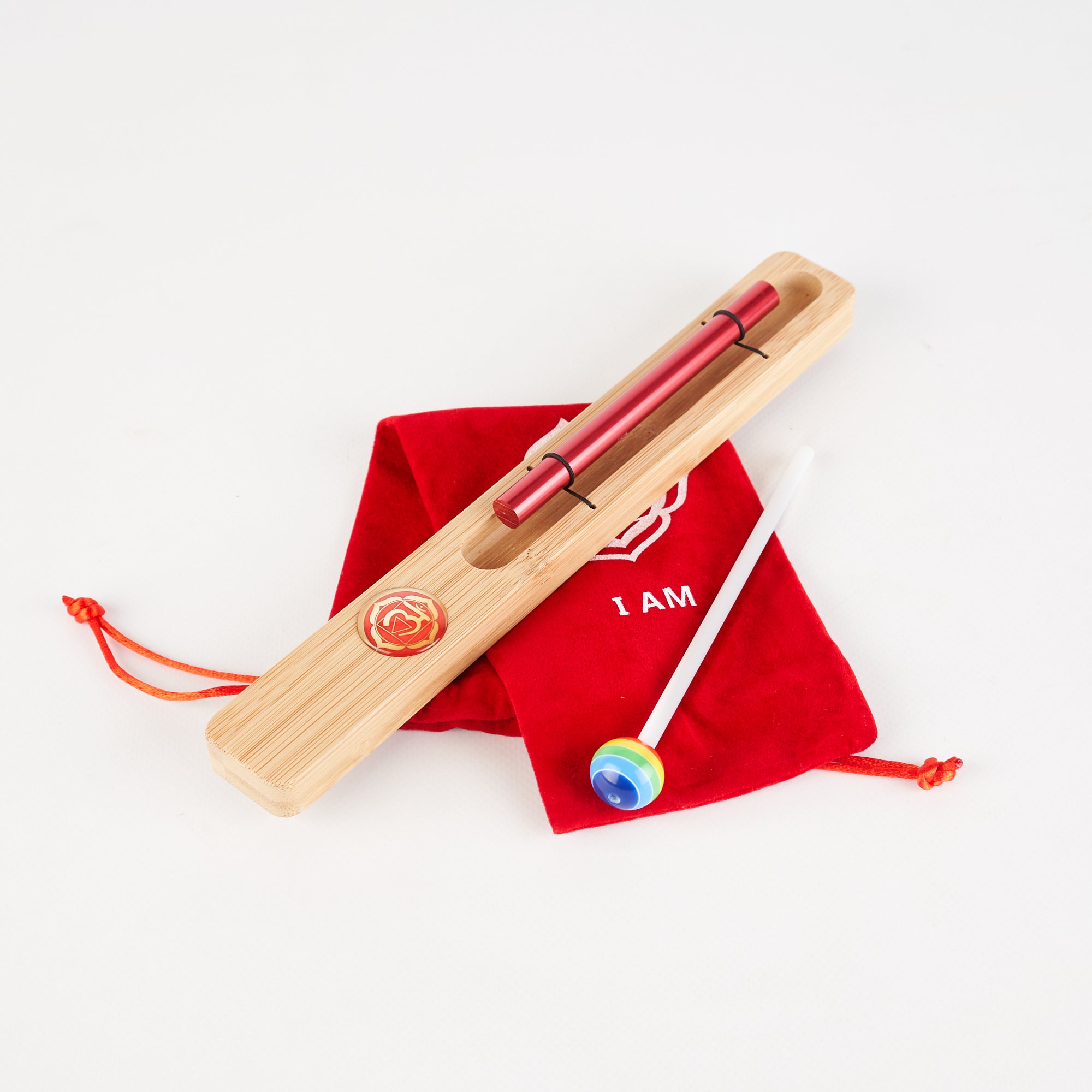 Wooden pen holder with red pen and velvet pouch for Energy Bar Chimes meditation