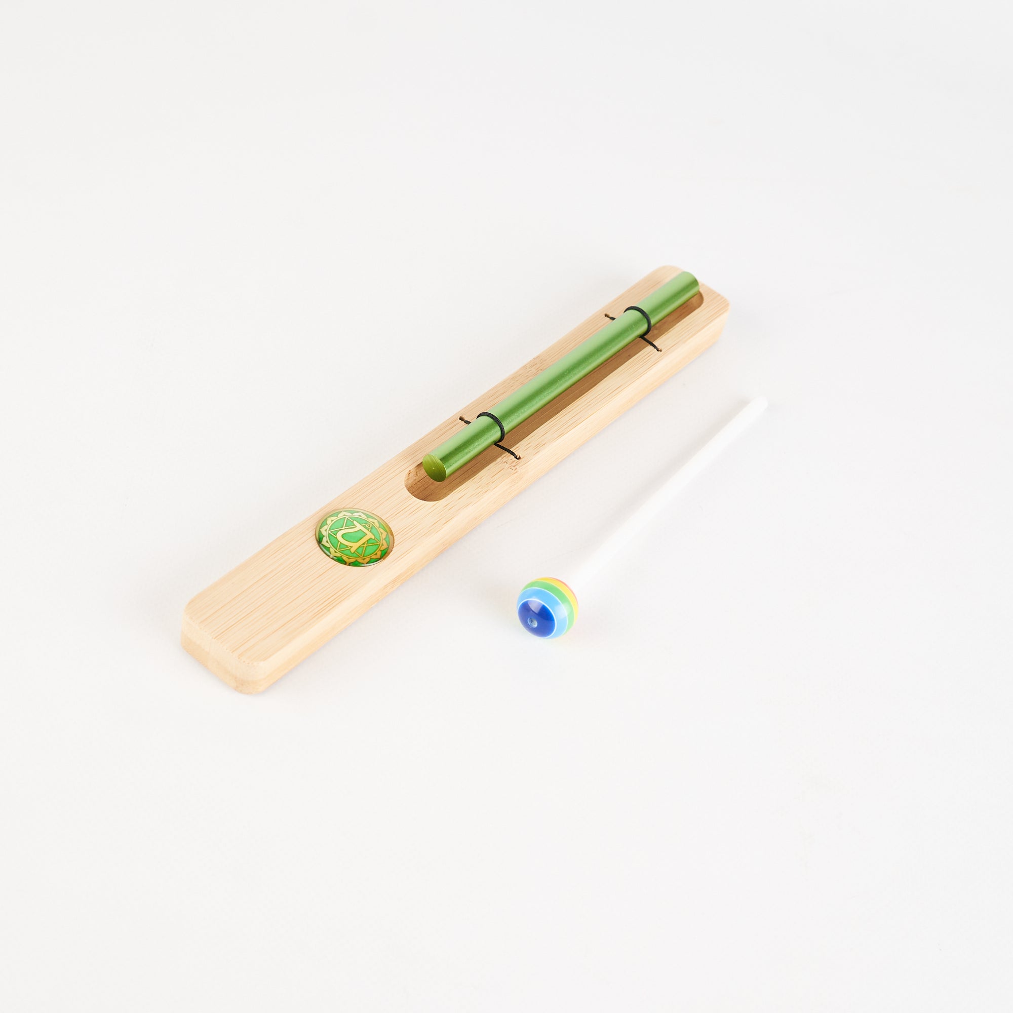 Wooden kazoo with green metal and decorative marble for Energy Bar Chimes