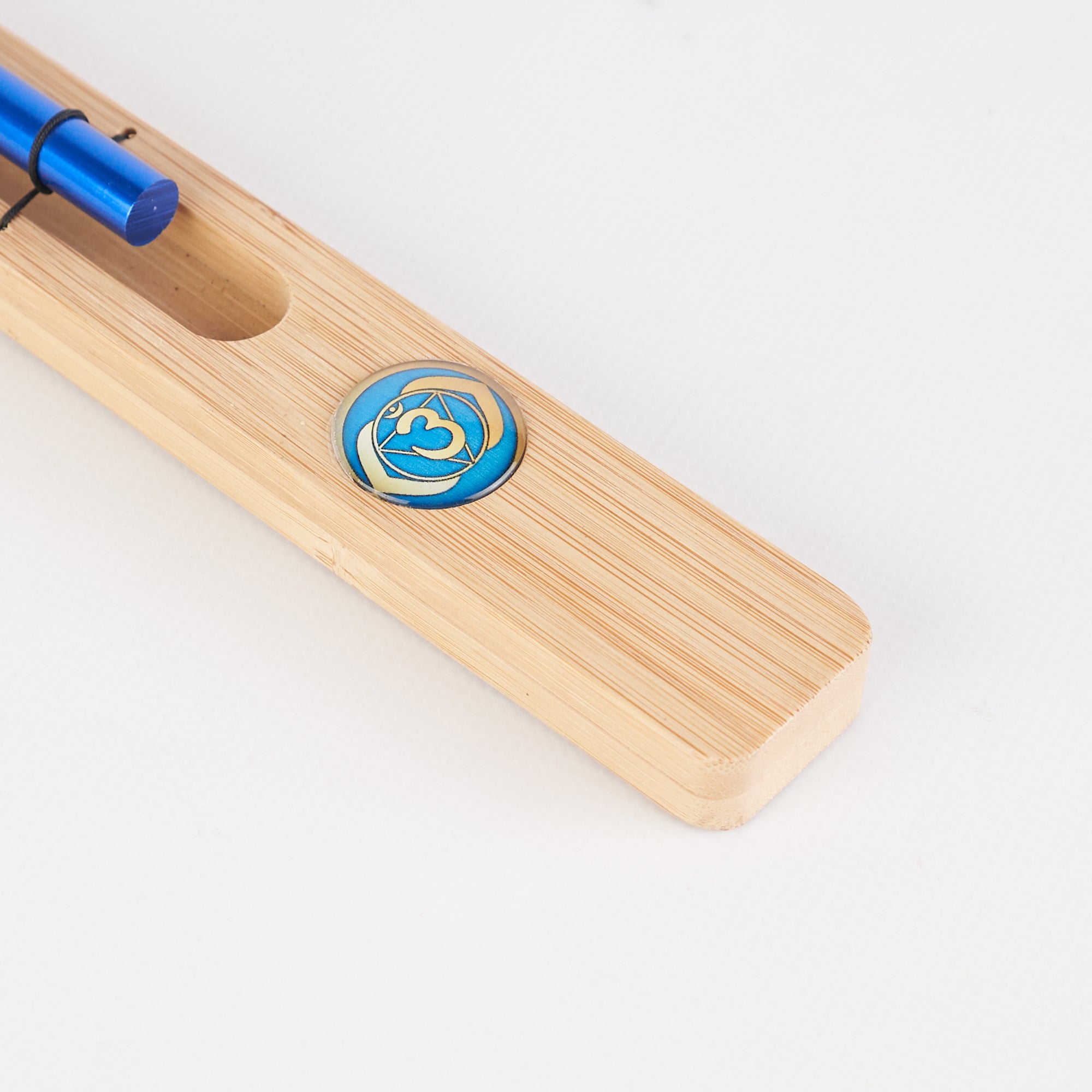 Wooden pencil case with blue metallic accents for Energy Bar Chimes meditation