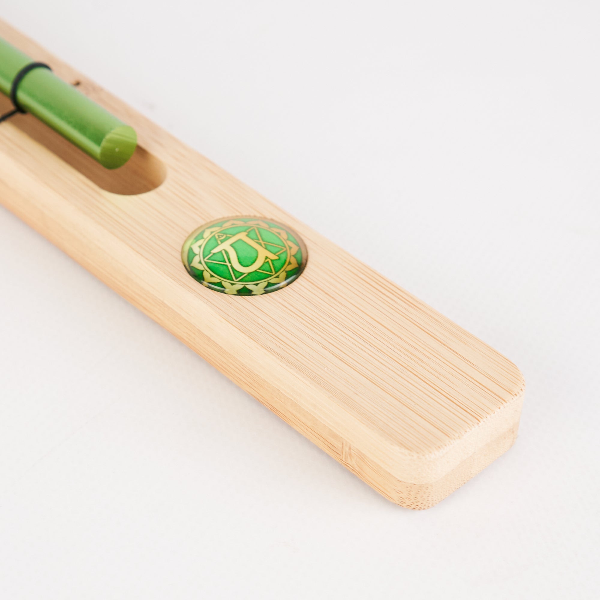 Wooden pencil case with green medallion for Energy Bar Chimes Chakra Meditation