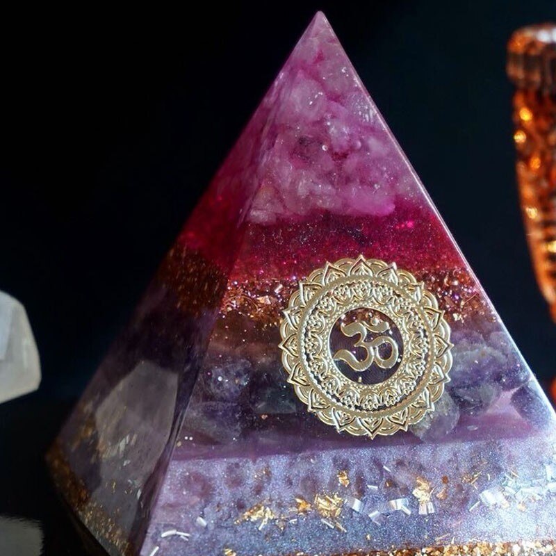 Orgone Pyramid with Natural Crystal Copper and Gold