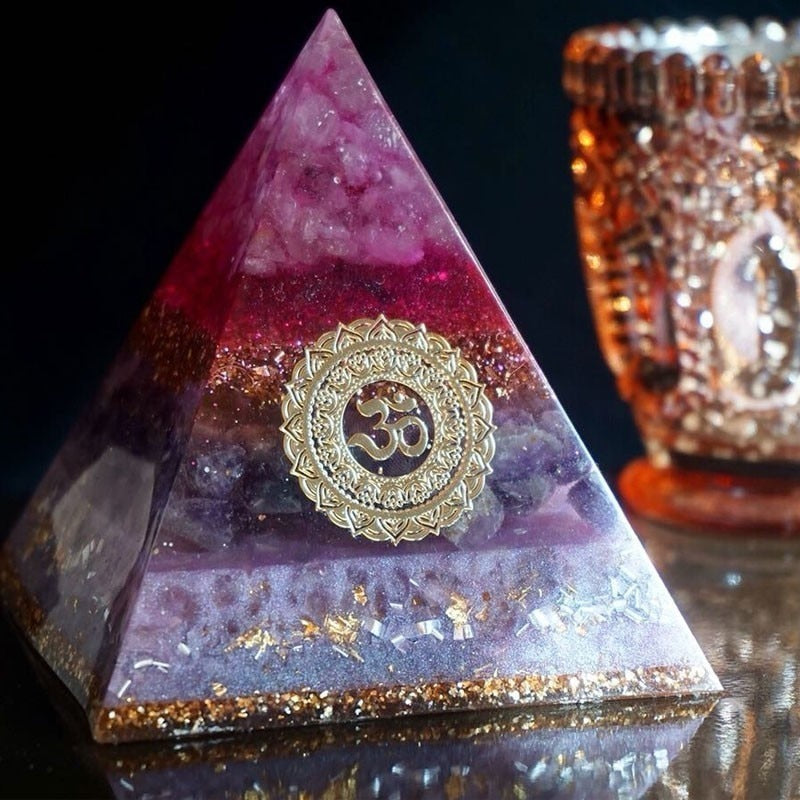 Orgone Pyramid with Natural Crystal Copper and Gold