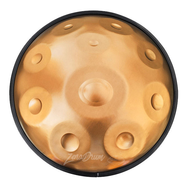 F Major Handpan Drum with circular indentations in golden-bronze finish for music enthusiasts