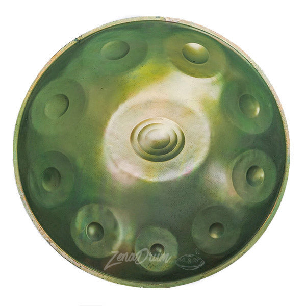 Green F Major Handpan Drum with central dome and tone fields for music enthusiasts