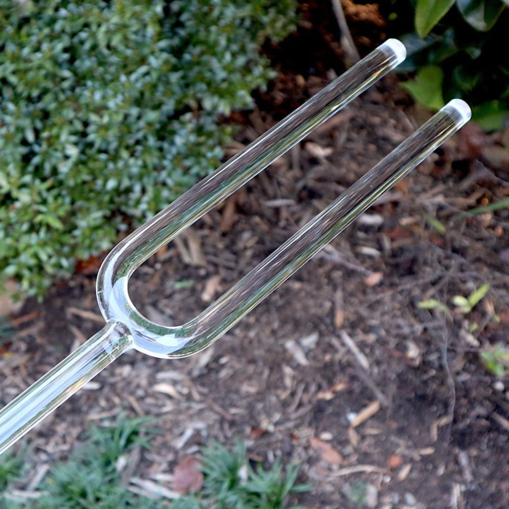 Two-pronged metal garden fork with polished silver finish for F-Note 432 Hz tuning