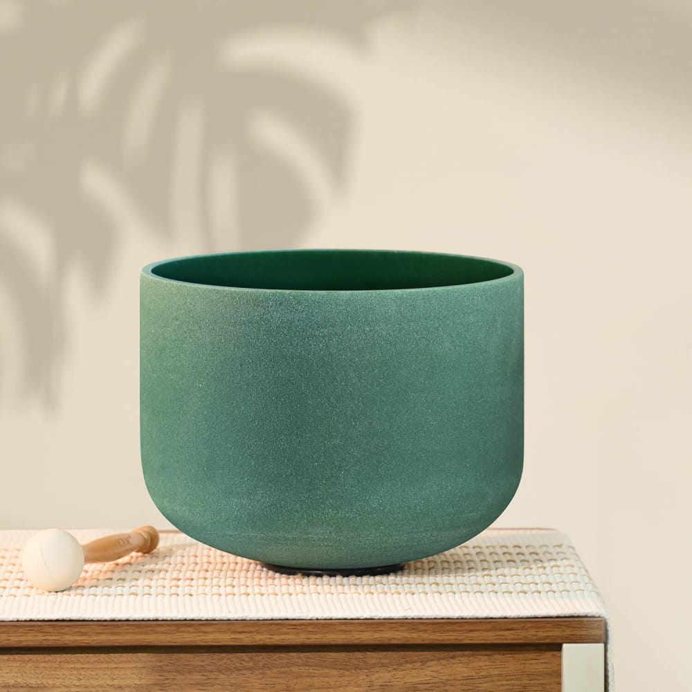 Matte green ceramic bowl with a rounded bottom for F Note Emerald Gemstone Fusion Singing Bowl