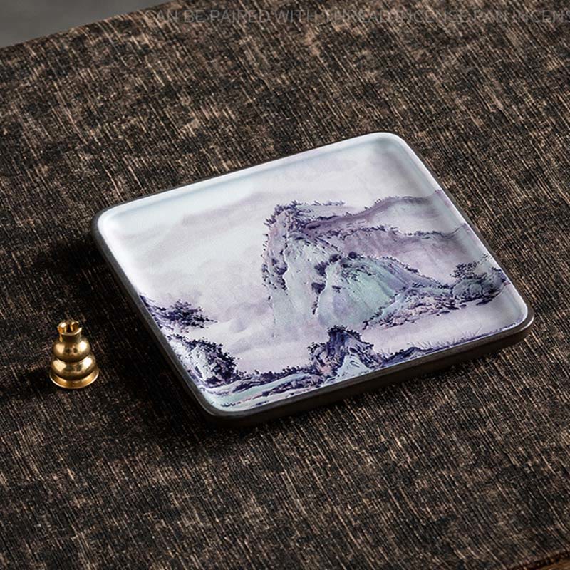 Ceramic Incense Burner Tray with Mountain Lake Flower Leaf Design