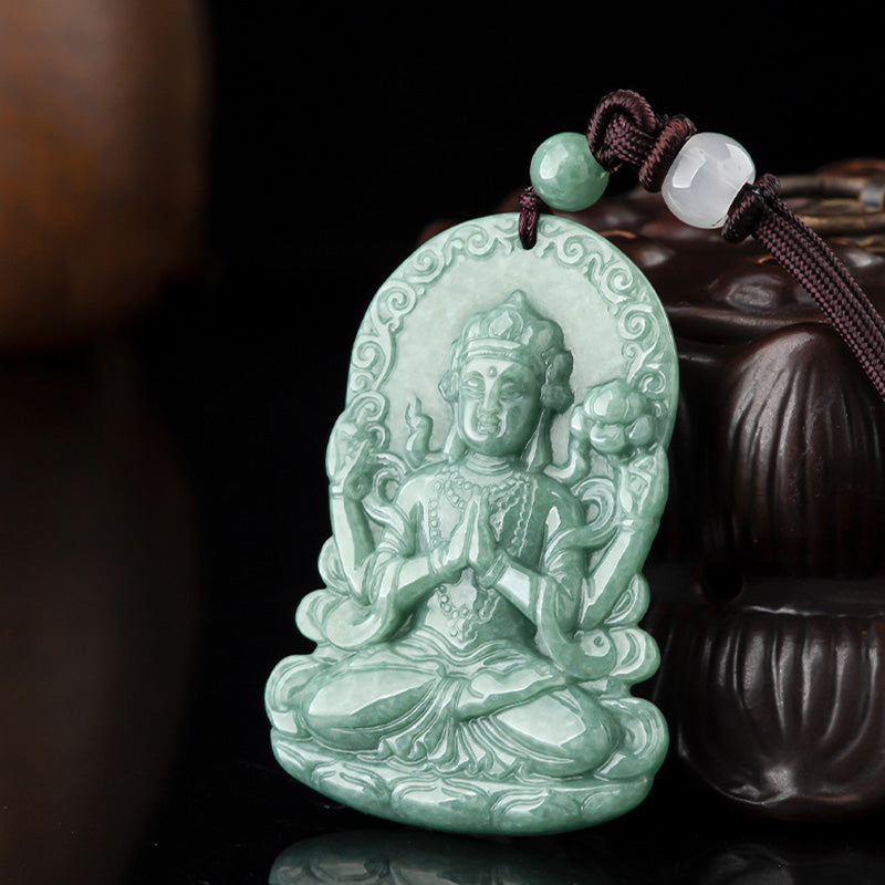 Four-Armed Avalokitesvara Jade Amulet Necklace for Blessings