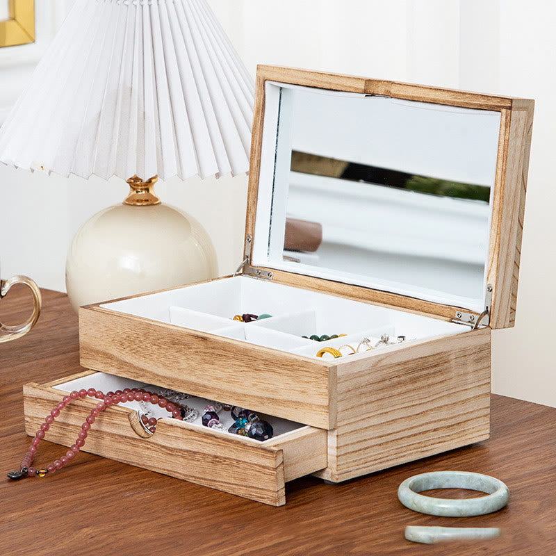 Two-Layer Beige Wooden Jewelry Box with Mirror | Spiritual Home Accents