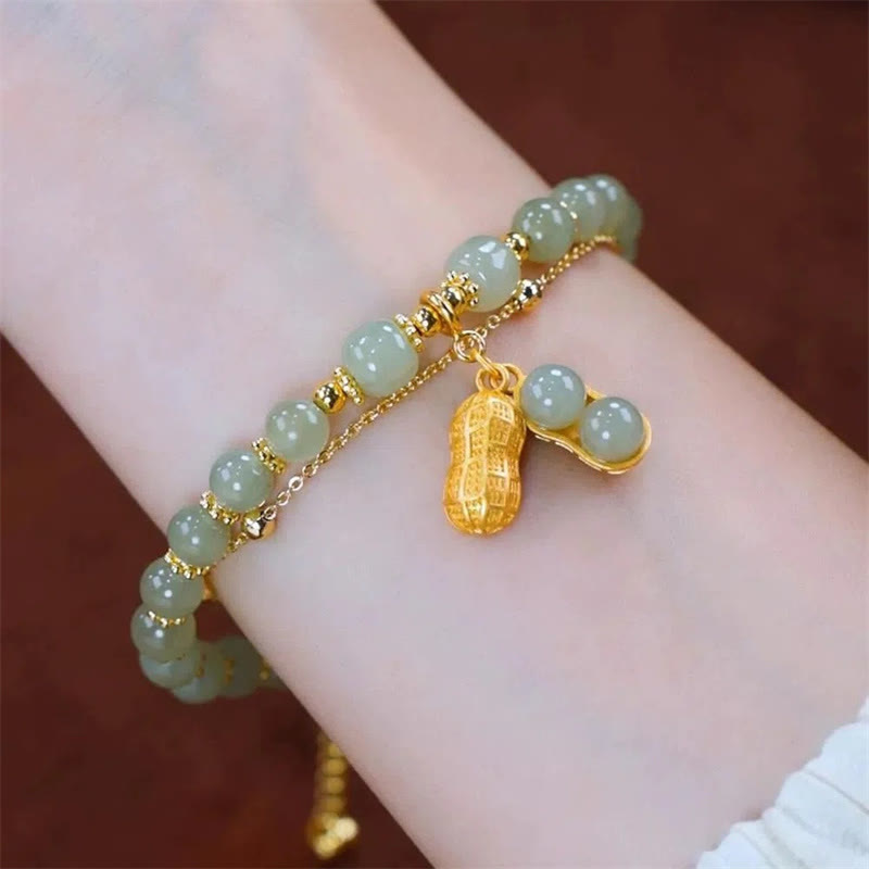 Jade Luck Beaded Bracelet with Leaf, Tulip & Fu Symbol