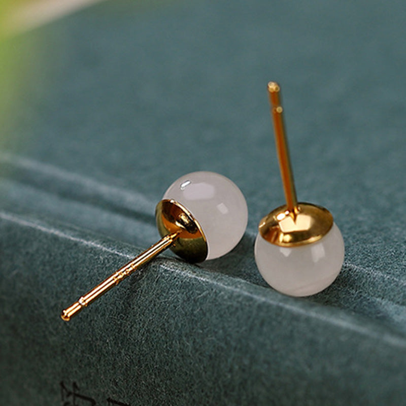925 Sterling Silver White Jade Blessing Stud Earrings 6mm to 10mm