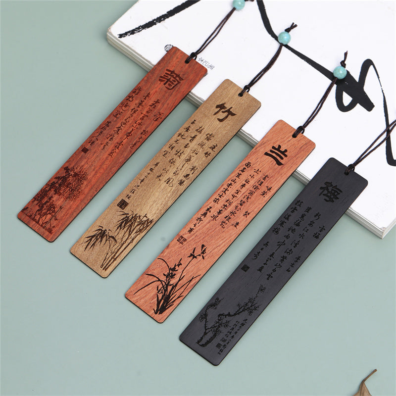Wooden Zen Decor Bookmark with Plum Orchid Bamboo Chrysanthemum Motifs