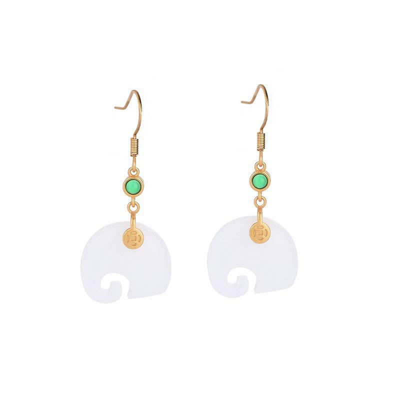 40mm White Jade Elephant Earrings for Fortune & Luck