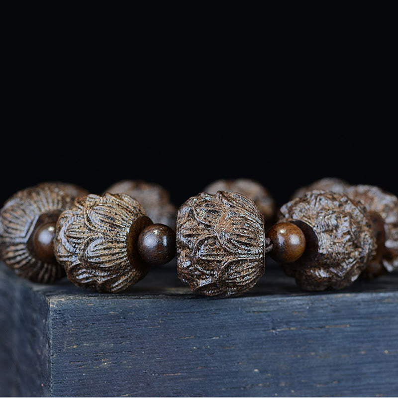 Ebony Wood Balance Bracelet with Lotus Dragon & Arhats