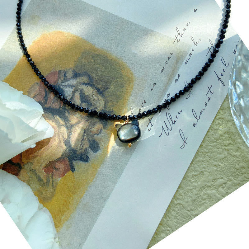 Black Spinel Cat Motivate Choker Necklace 38cm