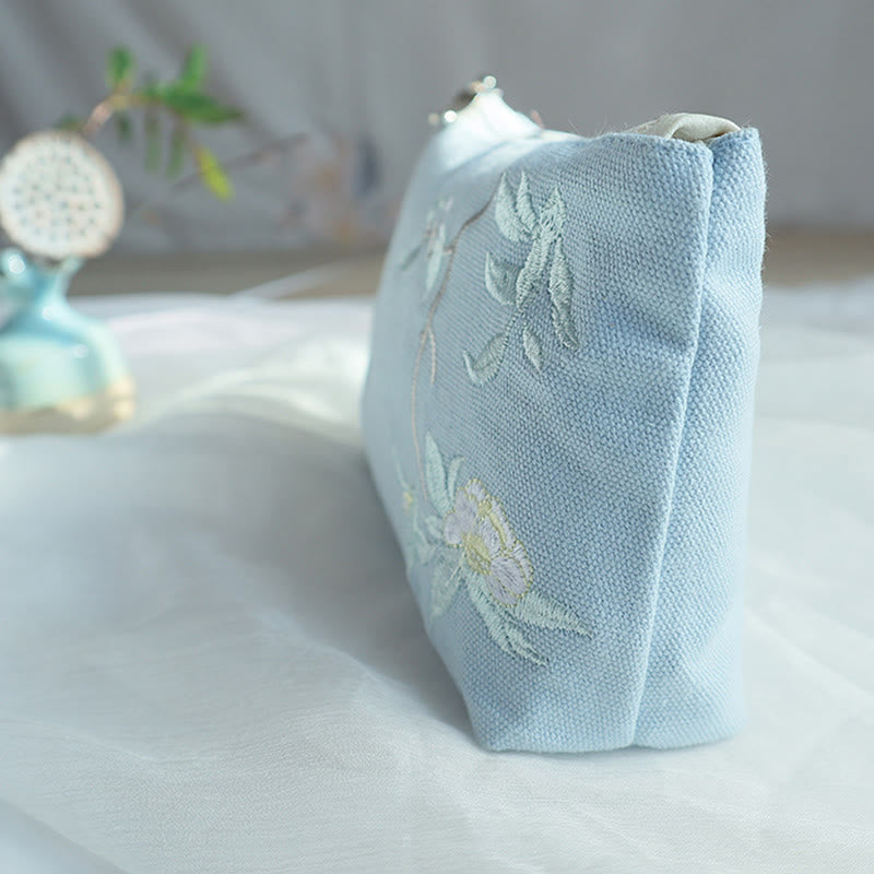 Canvas Wallet with Plum Cherry Crane Embroidery | Compact 21x13cm