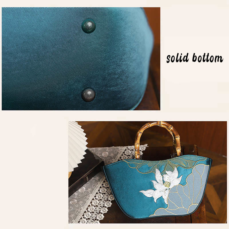 Lotus Embroidery Handbag with Bamboo Handle 17cm by 15cm