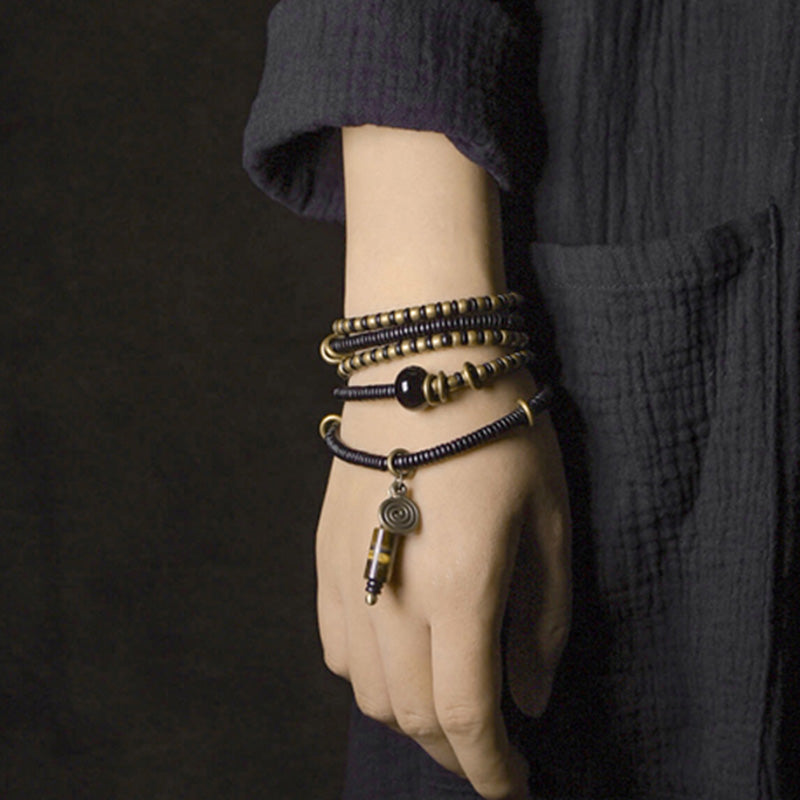 Ebony Wood Dzi Bead Copper Peace Bracelet for Meditation