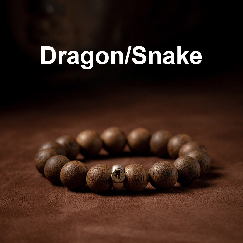 Natural Agarwood Chinese Zodiac Peace Bracelet 12mm Beads