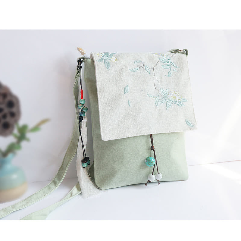 Handmade Canvas Crossbody Bag with Plum Flowers 20x23cm