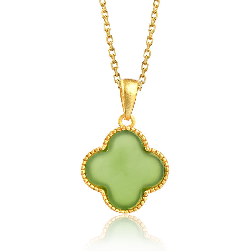 925 Sterling Silver Hetian Jade Luck Four Leaf Clover Necklace
